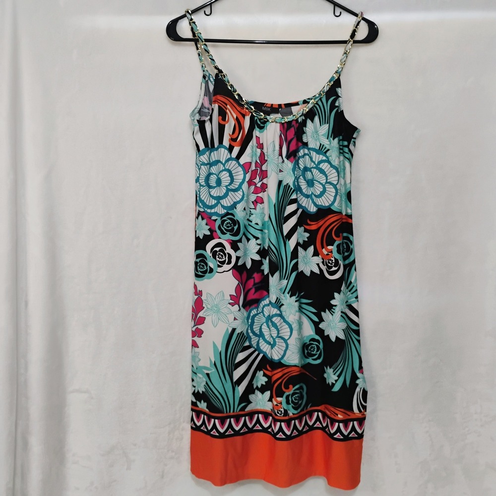 MSK Womens Floral Chain Strap Sleeveless Dress Medium Multi Color Stretch Mini Z